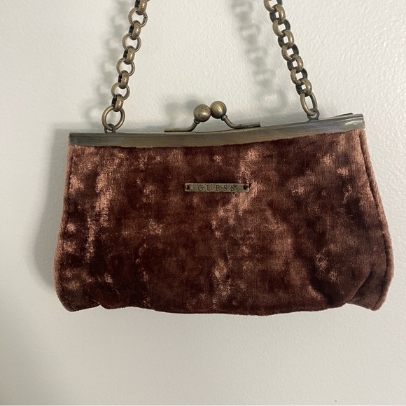 Vintage Guess Brown Velvet Clutch Bag with Kiss Lock and Rhinestone Bee - Picture 5 of 7